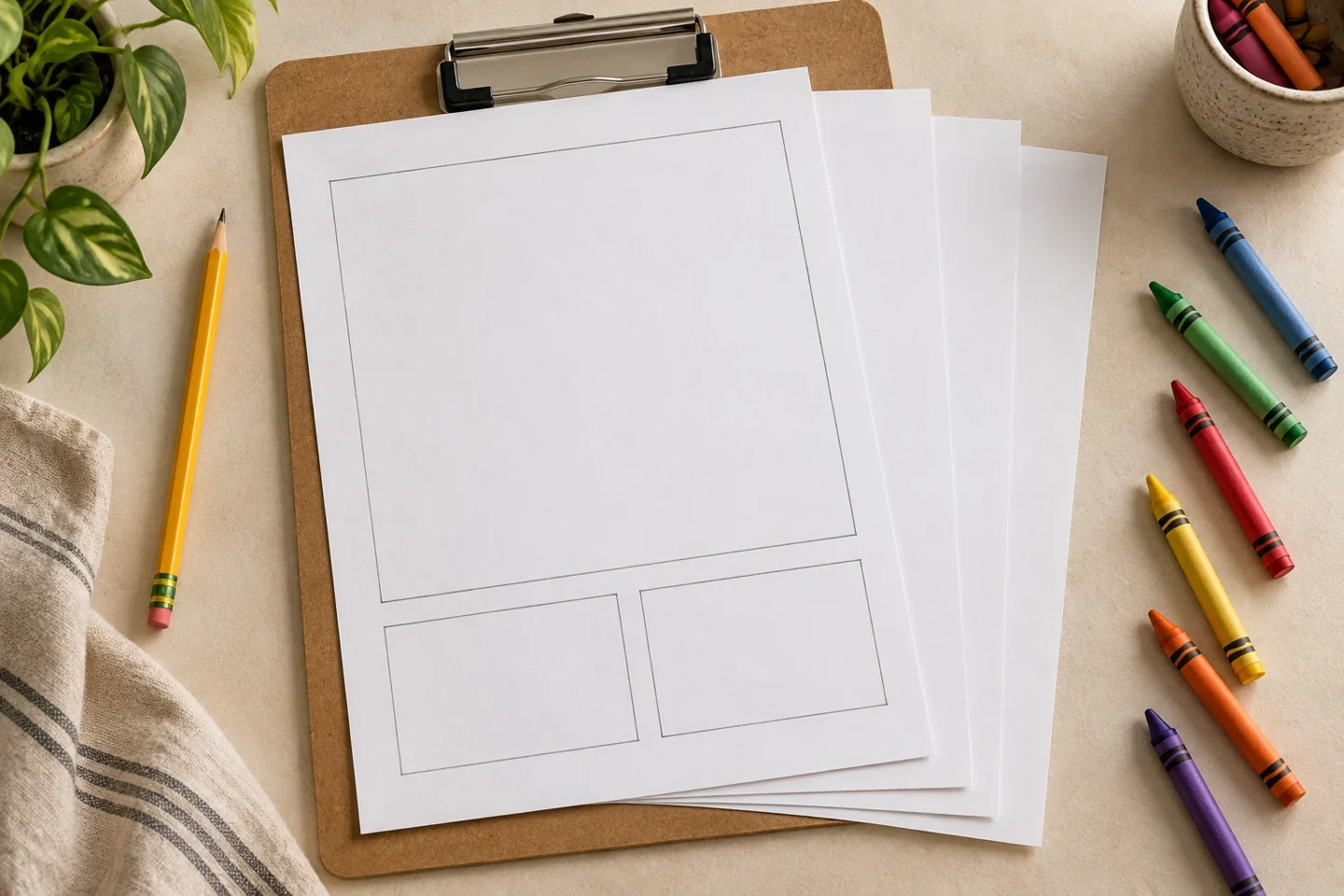 Four full-size sheets stacked, first with one large empty picture space and two small empty boxes along bottom
