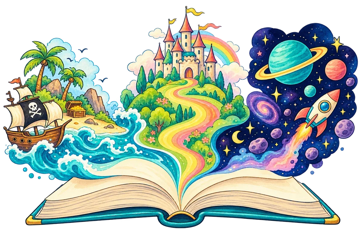 An open book connecting a pirate island, a castle, and outer space